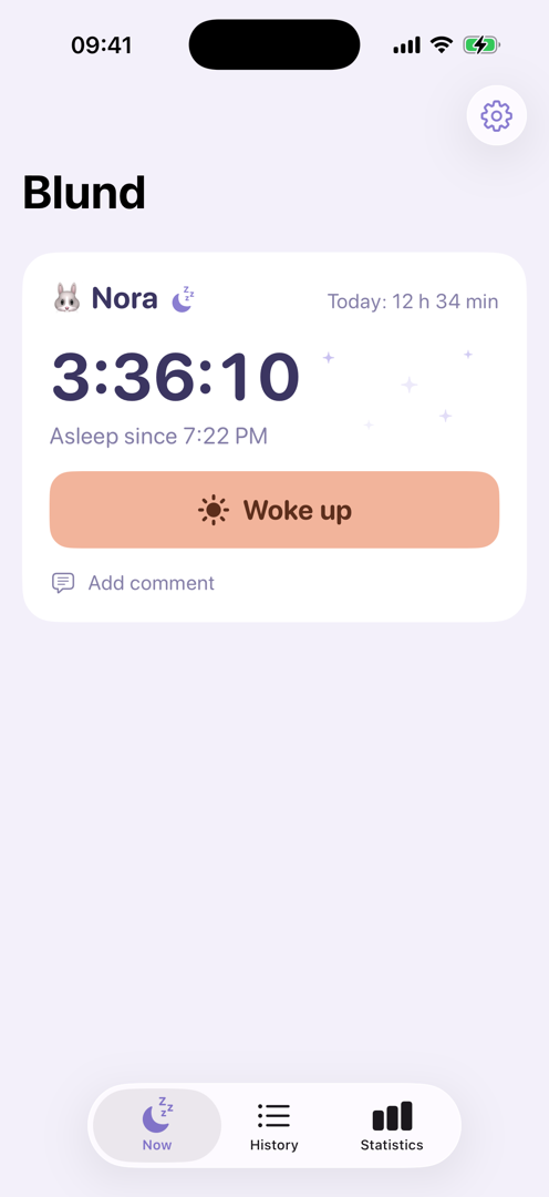 The main screen while the child sleeps, with a running clock and a Woke up button